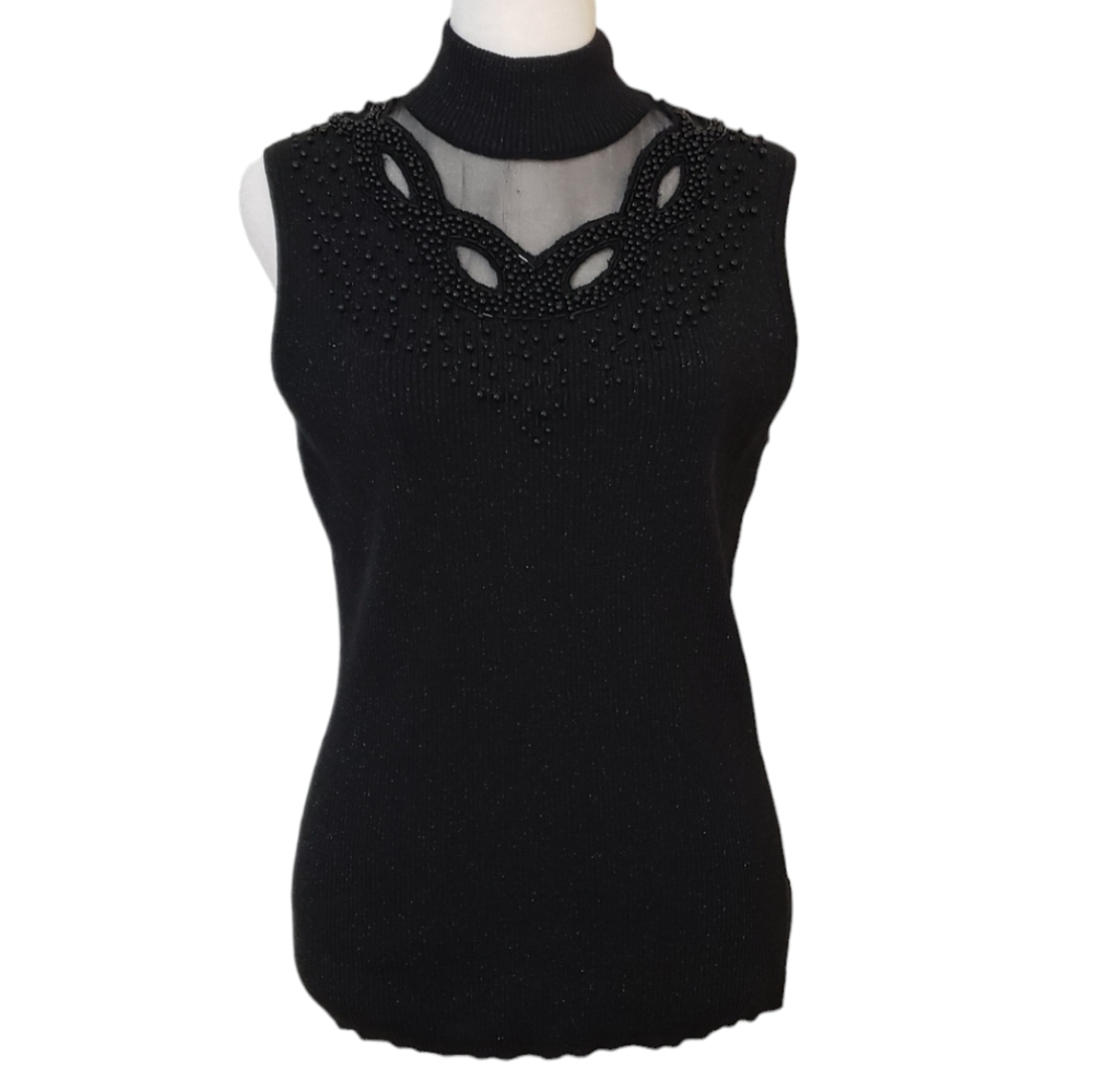 Cable & Gauge Black Metallic Top Sleeveless Silk Blend Beaded Size L